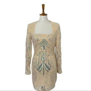 privy Long Sleeve Dress w/Square Neckline All Over Sequin Adorned Cream Size L